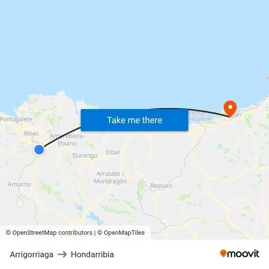 Arrigorriaga to Hondarribia map