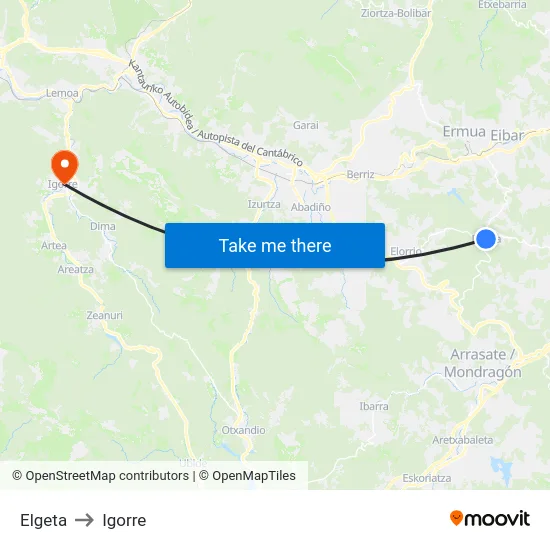 Elgeta to Igorre map