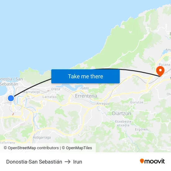 Donostia-San Sebastián to Irun map