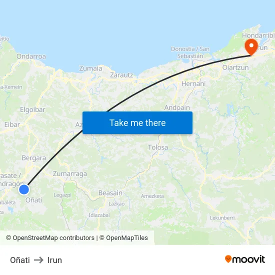 Oñati to Irun map