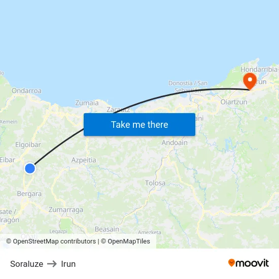 Soraluze to Irun map
