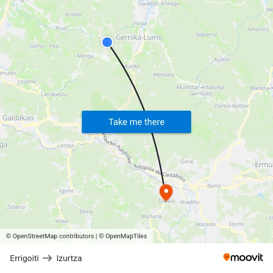 Errigoiti to Izurtza map