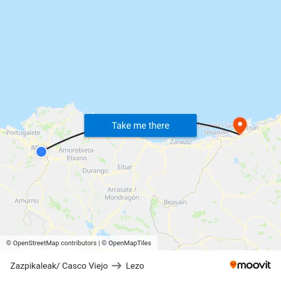 Zazpikaleak/ Casco Viejo to Lezo map