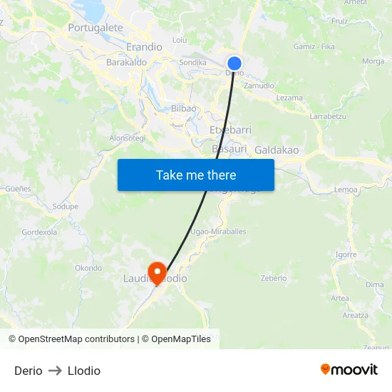 Derio to Llodio map