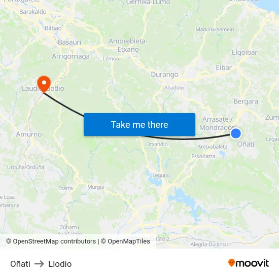 Oñati to Llodio map