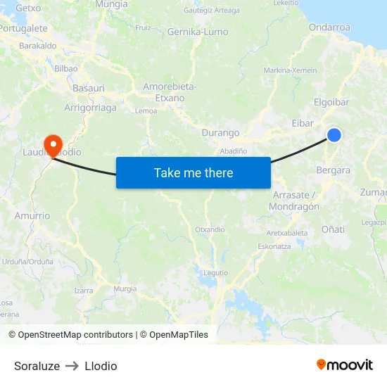 Soraluze to Llodio map