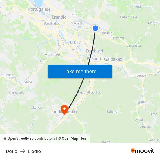 Derio to Llodio map