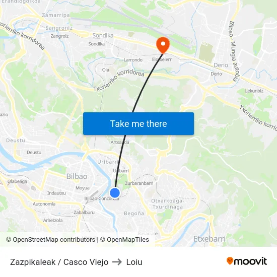 Zazpikaleak / Casco Viejo to Loiu map