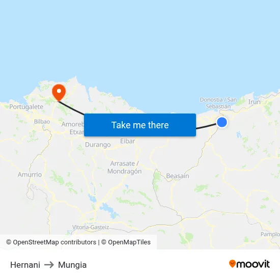 Hernani to Mungia map