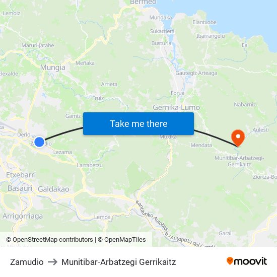 Zamudio to Munitibar-Arbatzegi Gerrikaitz map