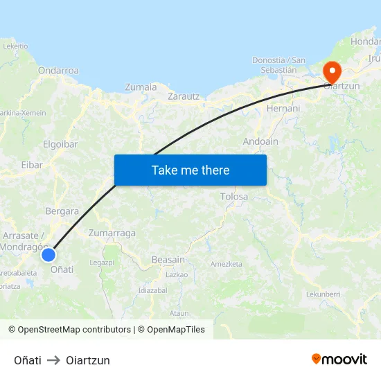 Oñati to Oiartzun map