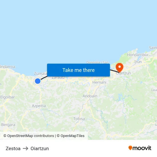 Zestoa to Oiartzun map