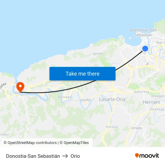 Donostia-San Sebastián to Orio map