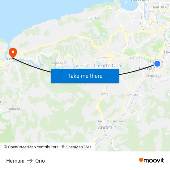 Hernani to Orio map
