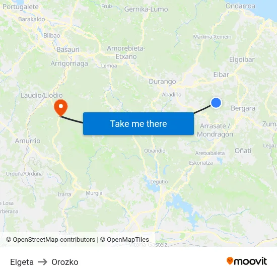 Elgeta to Orozko map