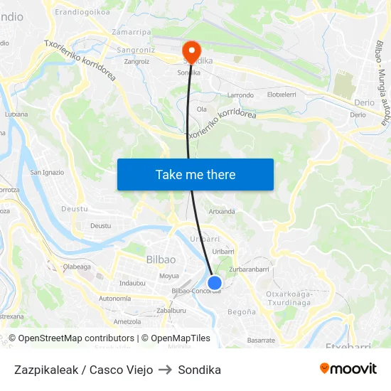 Zazpikaleak / Casco Viejo to Sondika map