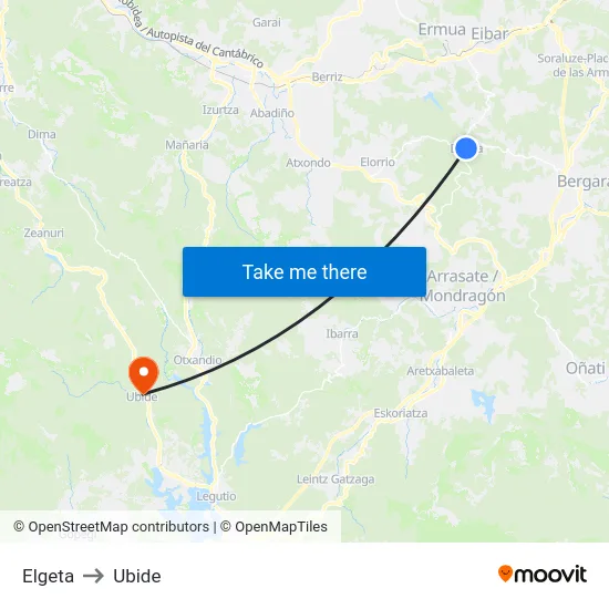 Elgeta to Ubide map