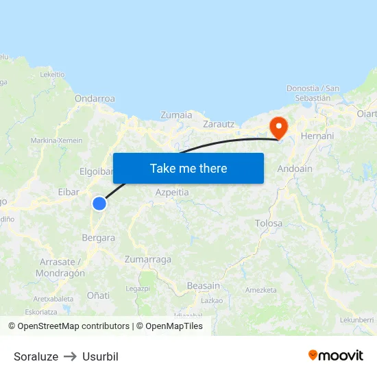 Soraluze to Usurbil map