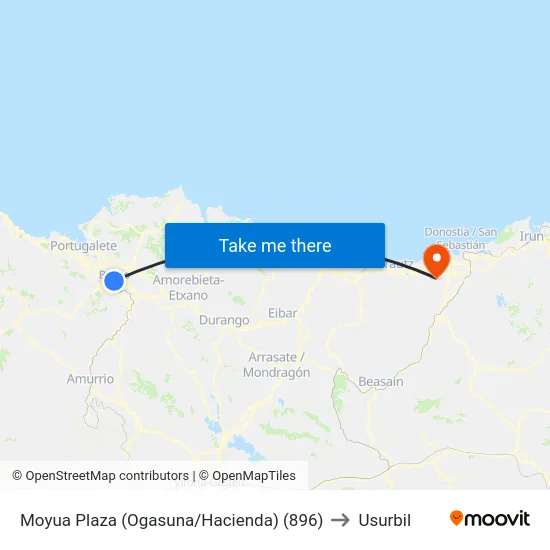 Moyua Plaza (Ogasuna/Hacienda) (896) to Usurbil map