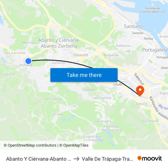Abanto Y Ciérvana-Abanto Zierbena to Valle De Trápaga-Trapagaran map