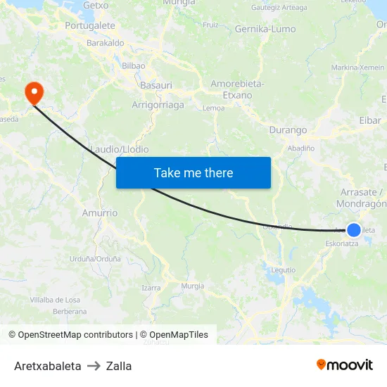 Aretxabaleta to Zalla map