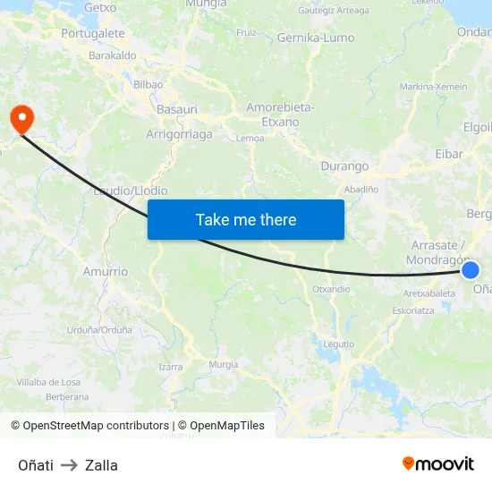 Oñati to Zalla map