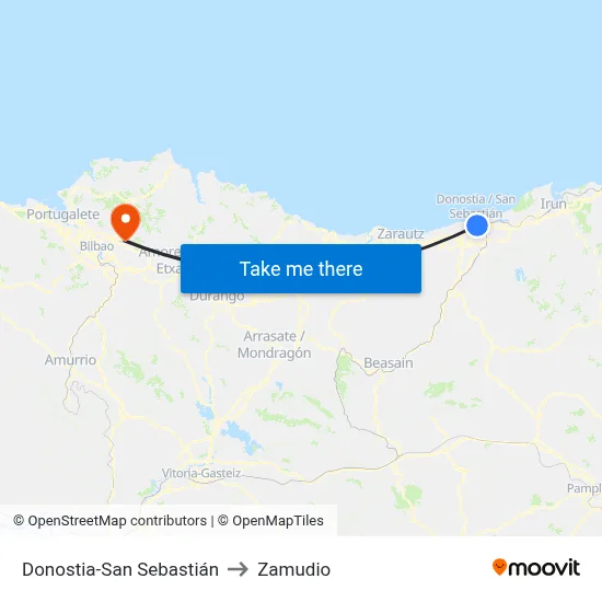 Donostia-San Sebastián to Zamudio map