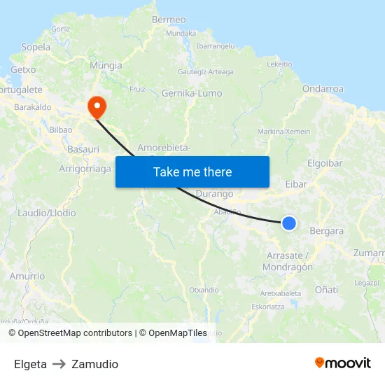 Elgeta to Zamudio map