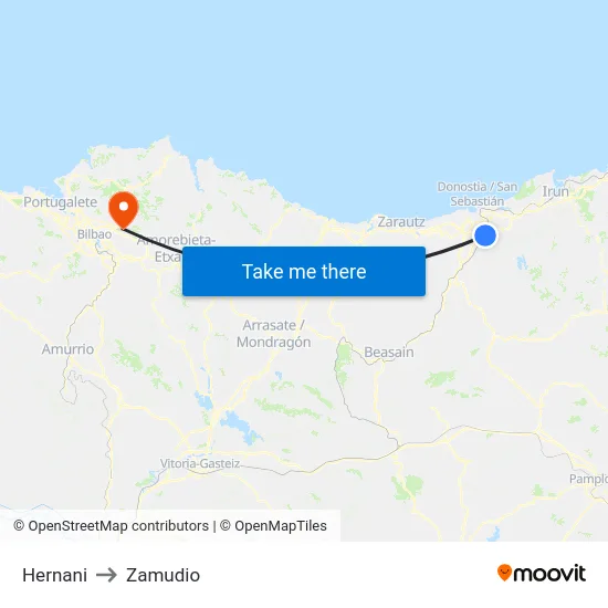 Hernani to Zamudio map