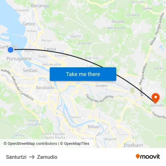 Santurtzi to Zamudio map