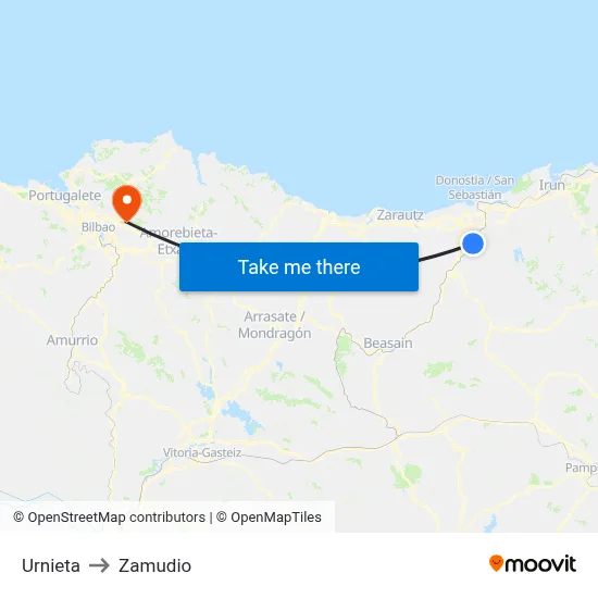 Urnieta to Zamudio map