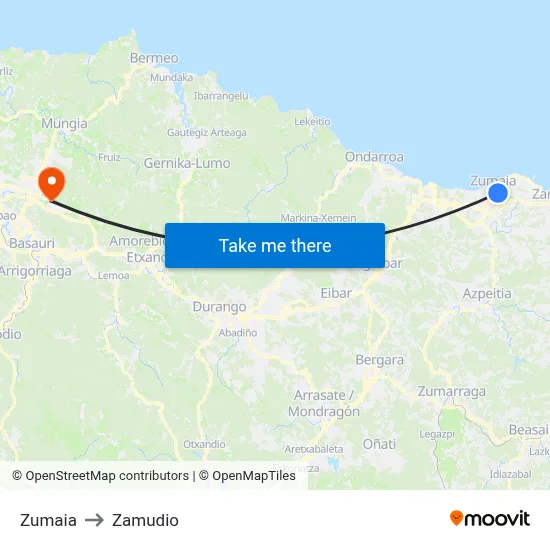 Zumaia to Zamudio map