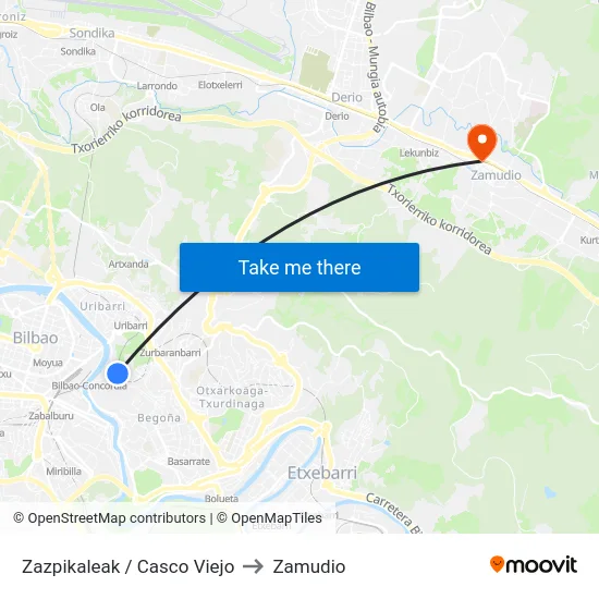 Zazpikaleak / Casco Viejo to Zamudio map