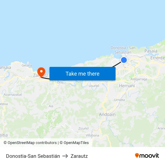 Donostia-San Sebastián to Zarautz map
