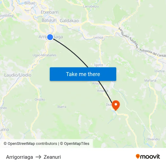Arrigorriaga to Zeanuri map