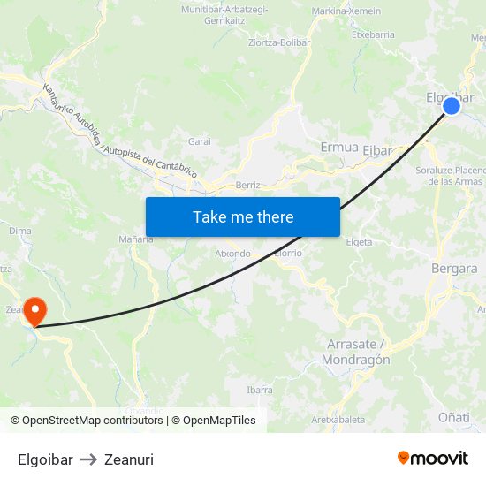 Elgoibar to Zeanuri map