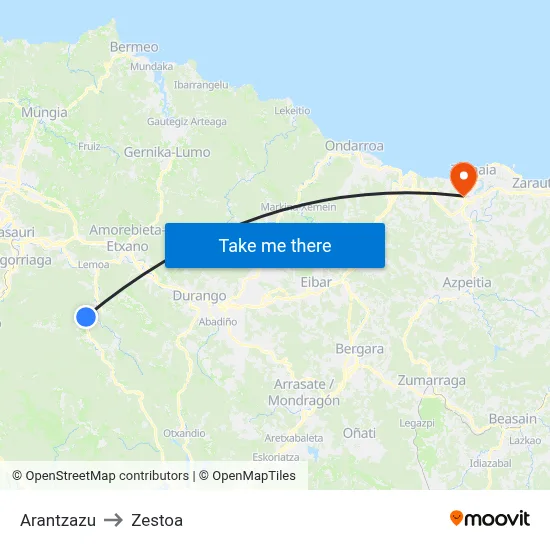 Arantzazu to Zestoa map