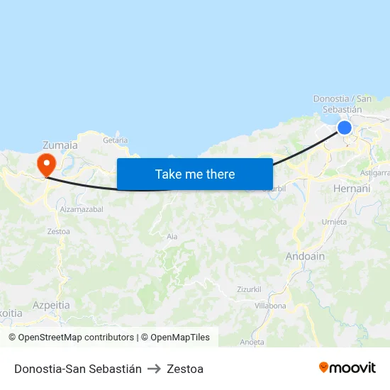 Donostia-San Sebastián to Zestoa map