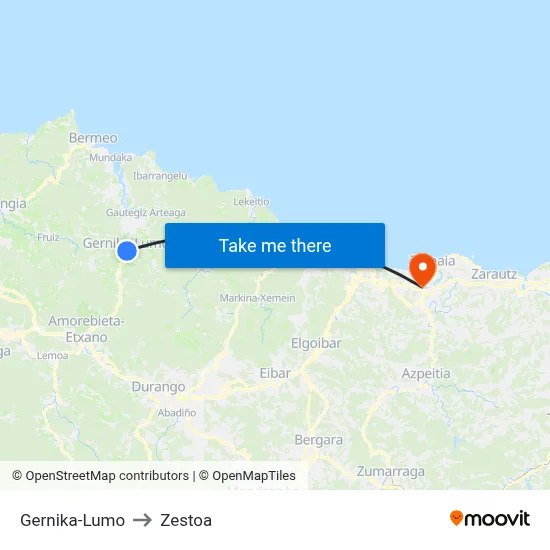 Gernika-Lumo to Zestoa map