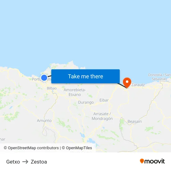 Getxo to Zestoa map