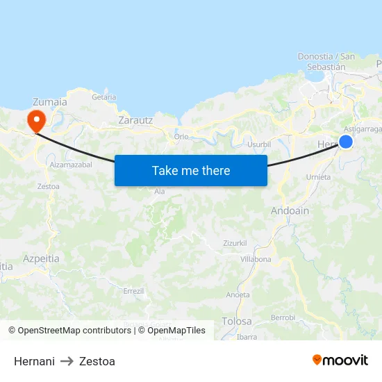 Hernani to Zestoa map