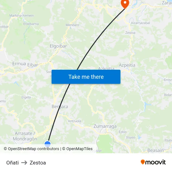 Oñati to Zestoa map