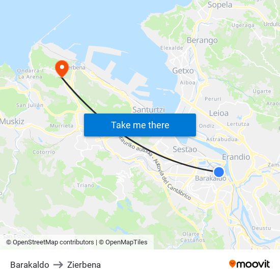 Barakaldo to Zierbena map