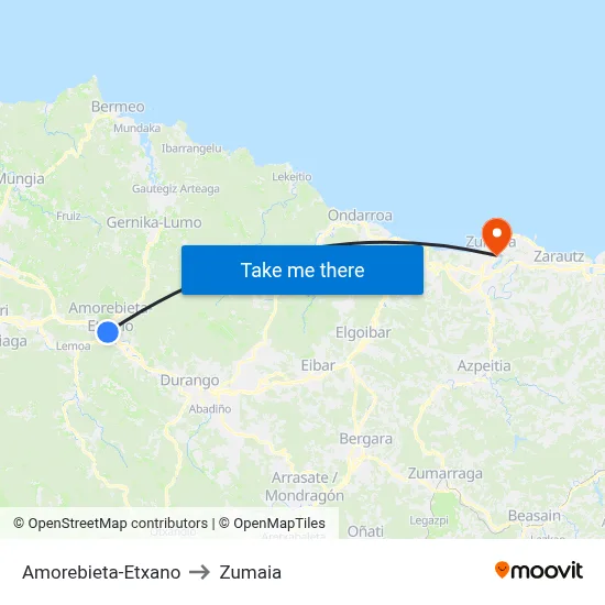 Amorebieta-Etxano to Zumaia map