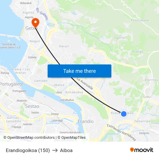 Erandiogoikoa (150) to Aiboa map