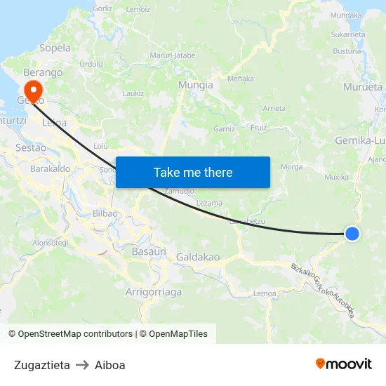Zugaztieta to Aiboa map