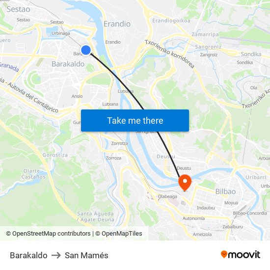 Barakaldo to San Mamés map