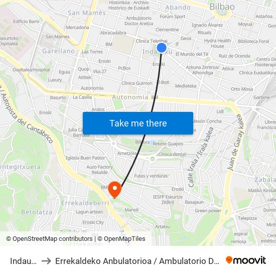 Indautxu to Errekaldeko Anbulatorioa / Ambulatorio De Rekalde map