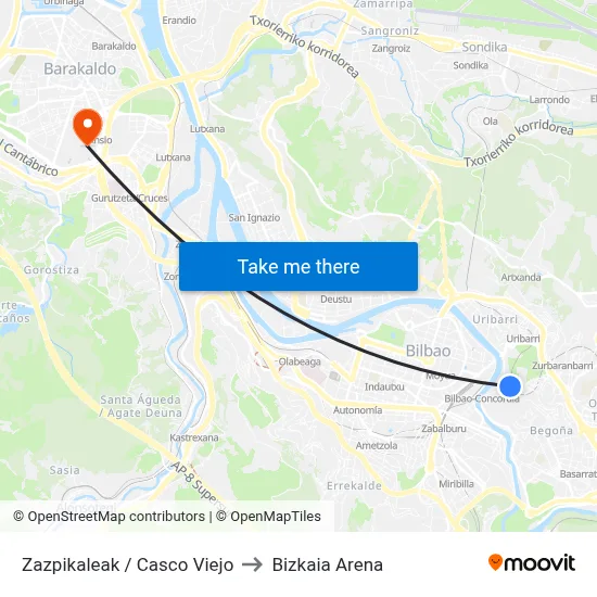 Zazpikaleak / Casco Viejo to Bizkaia Arena map