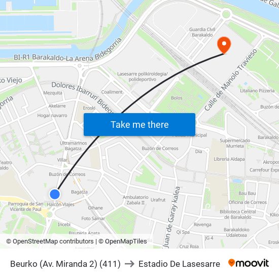 Beurko (Av. Miranda 2) (411) to Estadio De Lasesarre map